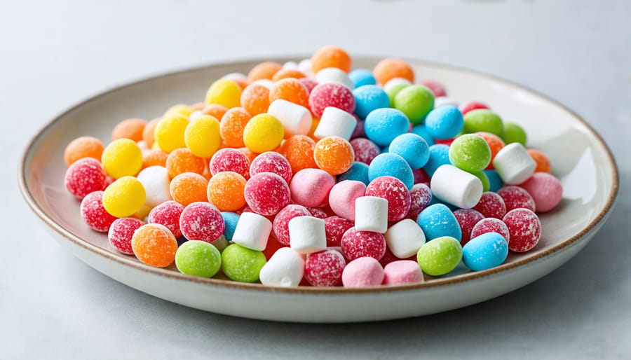 Freeze-dried Skittles and marshmallows displayed creatively on a plate