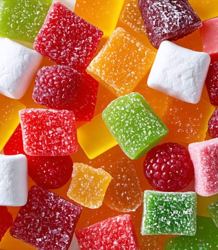 A vibrant assortment of freeze-dried candies including fruits, marshmallows, and candy bars, showcasing diverse textures and rich colors, reflecting creativity in homemade candy-making.