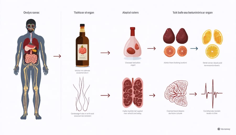 Illustration of human body with call-outs highlighting alcohol's impact on different organs