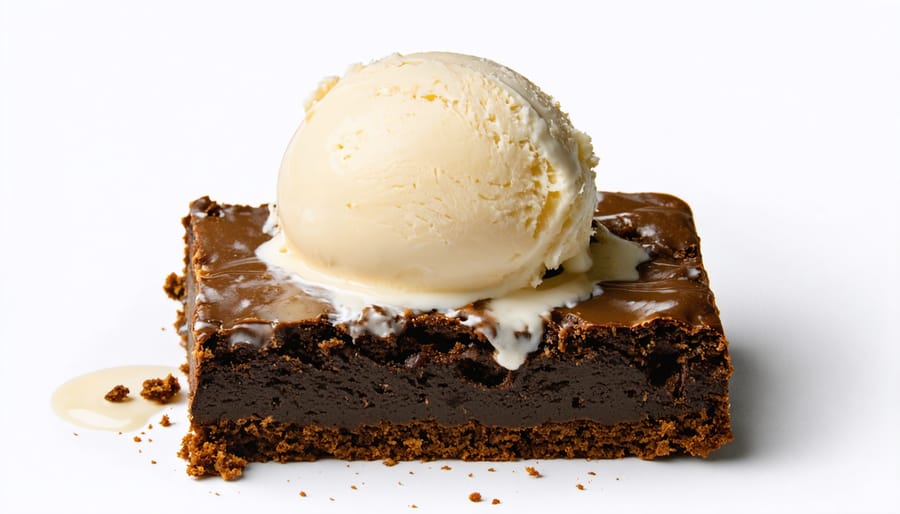 Indulgent vegan chocolate brownie served with a scoop of plant-based ice cream