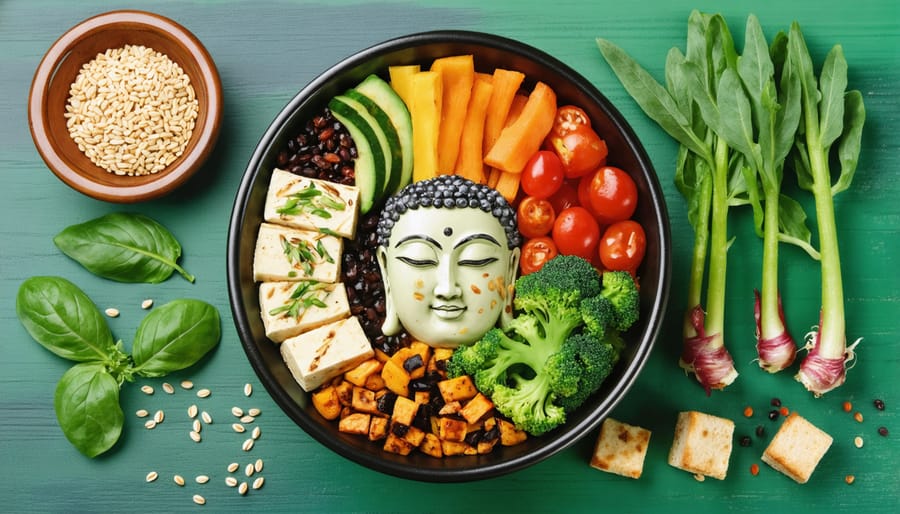 Nutritious vegan buddha bowl featuring a variety of grains, vegetables, and plant-based protein