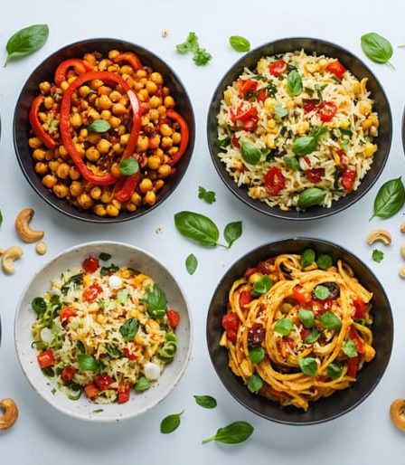 A vibrant and diverse spread of plant-based dishes featuring colorful ingredients like zucchini noodles, roasted red peppers, chickpeas, and cashews, representing recipes from the "Almost Vegan Cookbook."