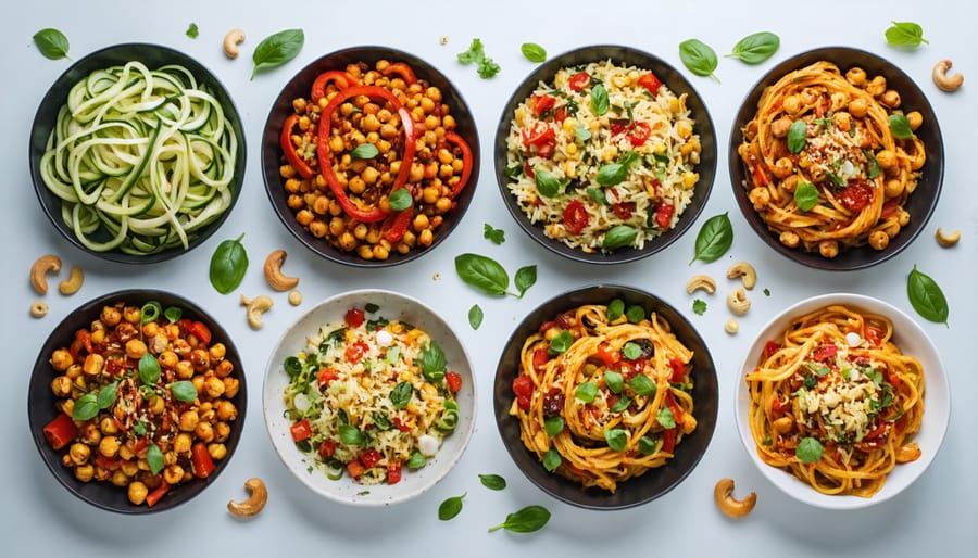 A vibrant and diverse spread of plant-based dishes featuring colorful ingredients like zucchini noodles, roasted red peppers, chickpeas, and cashews, representing recipes from the "Almost Vegan Cookbook."