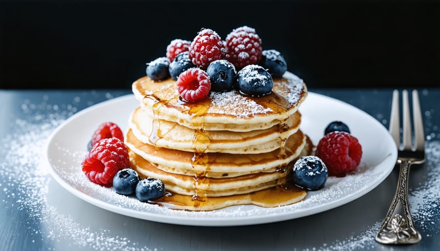 Delicious vegan pancakes topped with fresh fruit and maple syrup