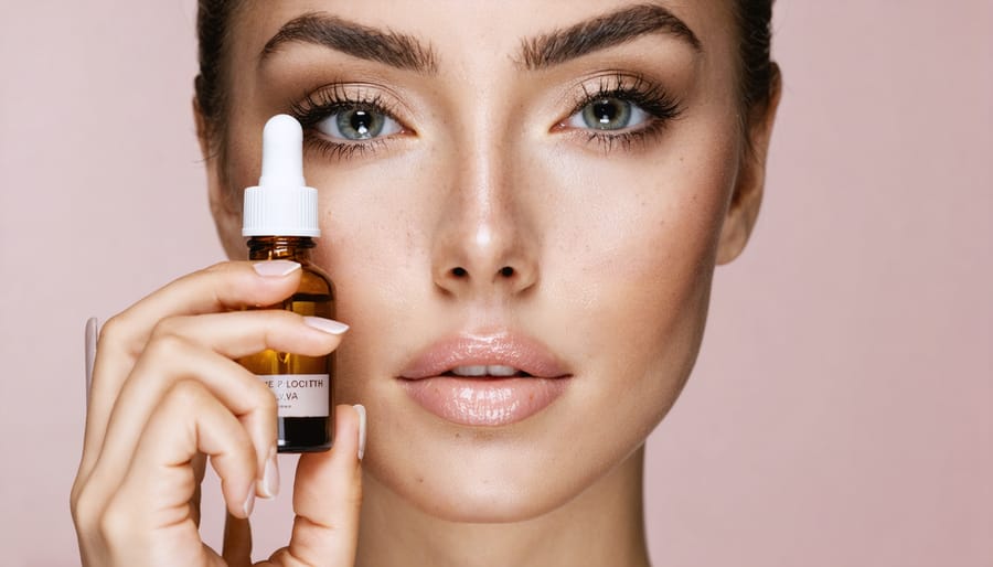 Applying a hydrating serum to the face using a dropper bottle