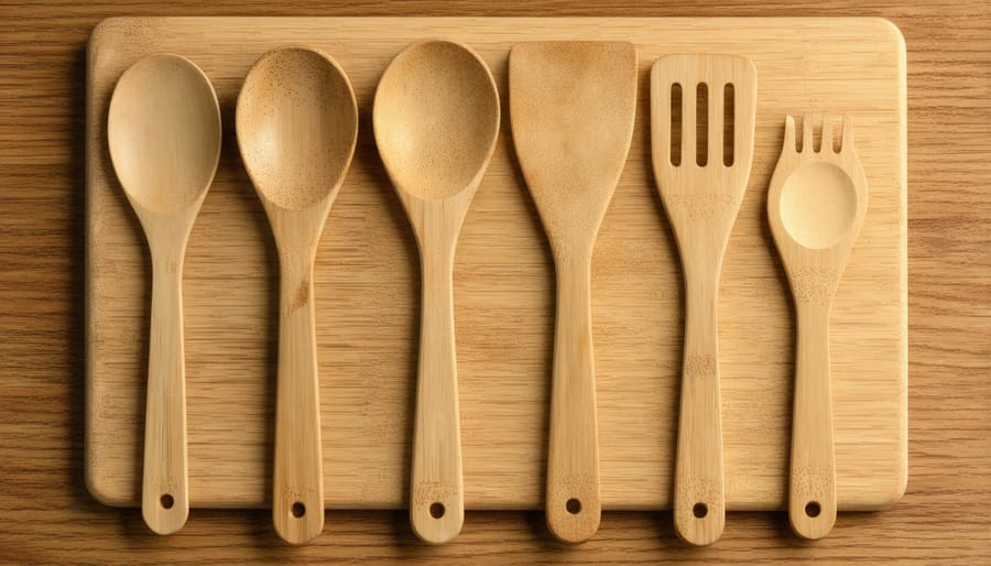 Eco-friendly bamboo cooking utensils displayed on a cutting board