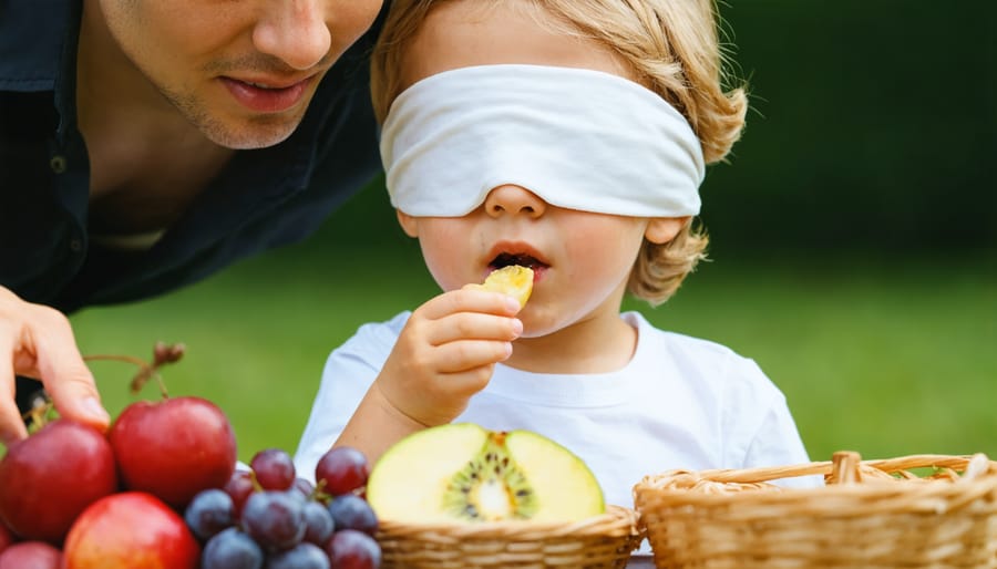 Kindergarten student doing a blindfolded taste test of healthy food with teacher guidance