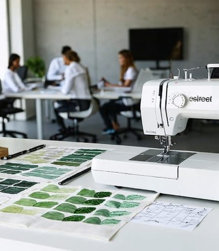 Diverse team of fashion professionals working on sustainable designs, featuring organic fabric swatches and eco-friendly fashion sketches in a modern studio.