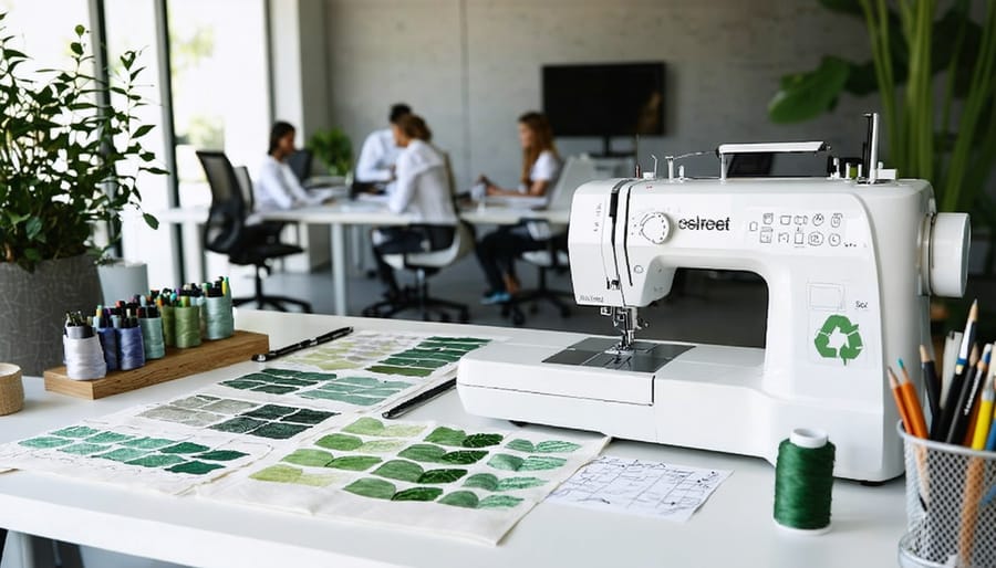 Diverse team of fashion professionals working on sustainable designs, featuring organic fabric swatches and eco-friendly fashion sketches in a modern studio.