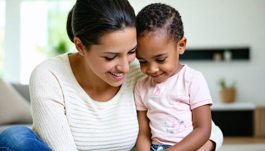 Parent actively listening to child in a welcoming home setting, demonstrating confident parenting techniques through positive discipline, engagement, and nurturing support.