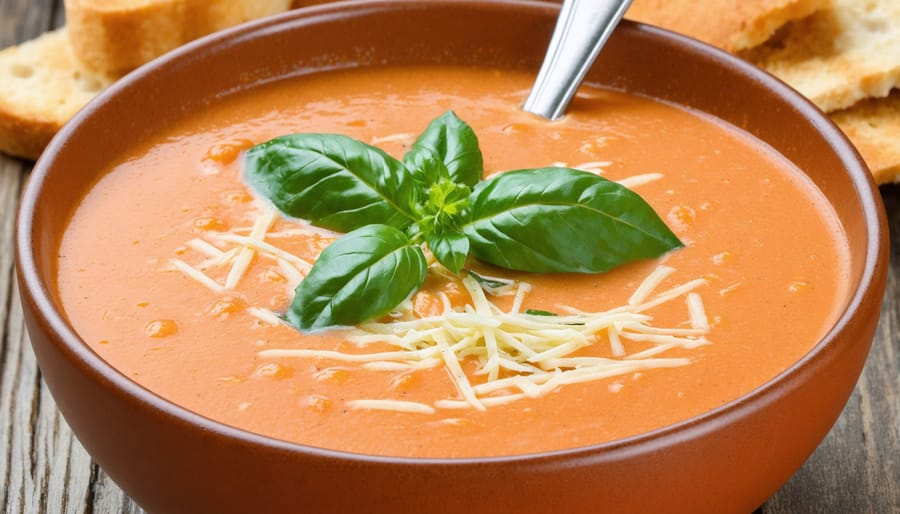 Creamy tomato basil soup with cheesy croutons