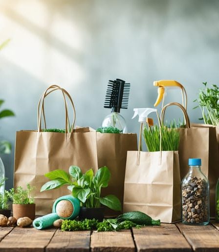 A collection of eco-friendly items including colorful reusable shopping bags, glass containers for food storage, and homemade natural cleaning supplies on a wooden table.