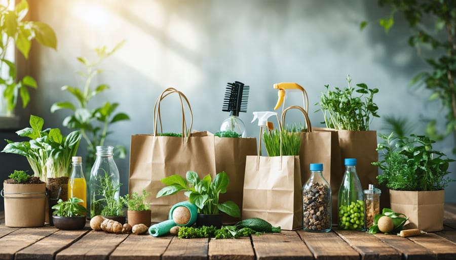 A collection of eco-friendly items including colorful reusable shopping bags, glass containers for food storage, and homemade natural cleaning supplies on a wooden table.