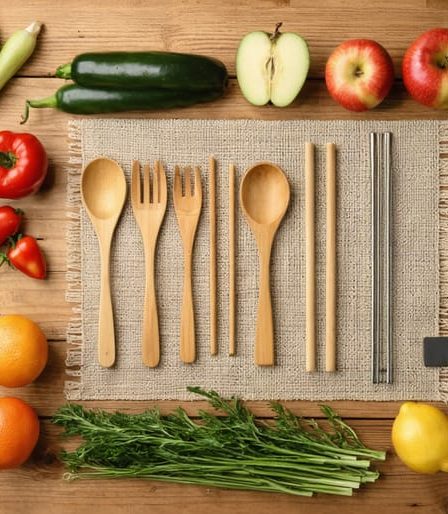 An assortment of eco-friendly kitchen utensils including bamboo spoons, stainless steel straws, silicone baking mats, and cast iron skillets displayed on a wooden countertop with fresh produce.