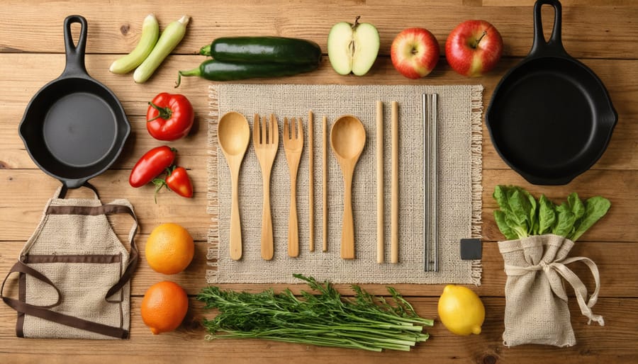 An assortment of eco-friendly kitchen utensils including bamboo spoons, stainless steel straws, silicone baking mats, and cast iron skillets displayed on a wooden countertop with fresh produce.