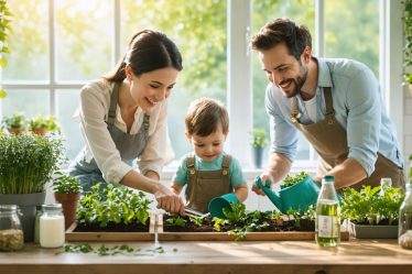 A family practicing sustainable living with children engaging in eco-friendly activities at home, promoting green habits and values.