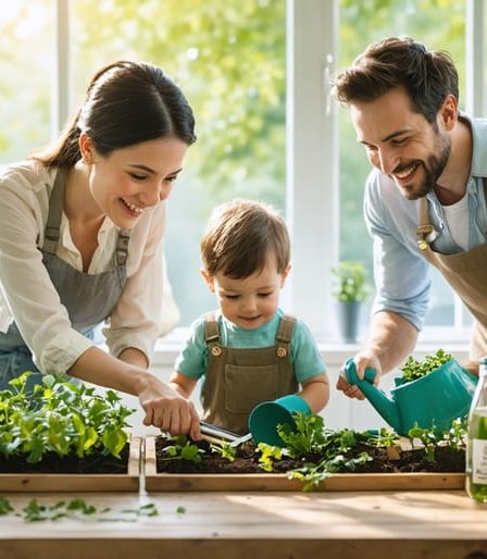 A family practicing sustainable living with children engaging in eco-friendly activities at home, promoting green habits and values.