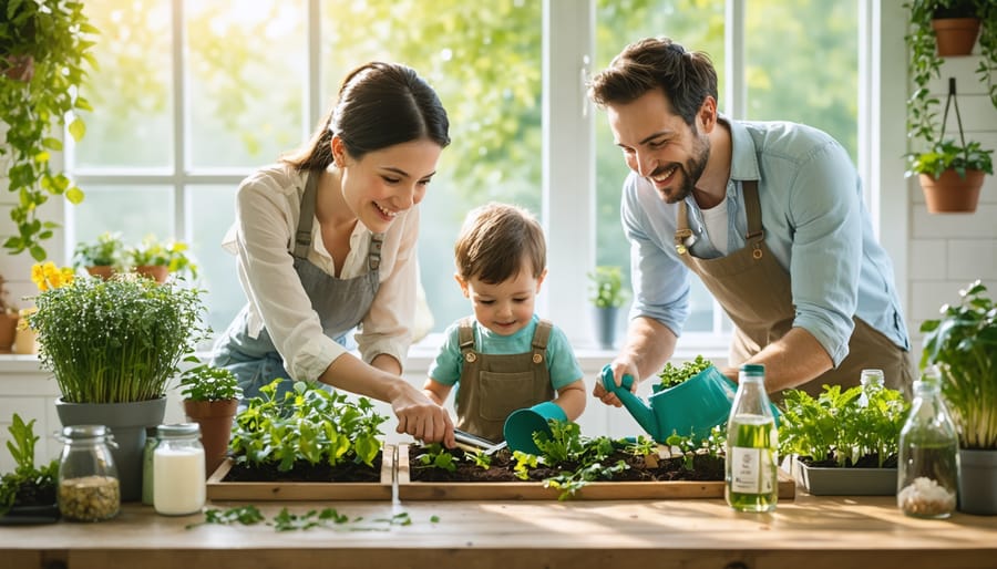 A family practicing sustainable living with children engaging in eco-friendly activities at home, promoting green habits and values.