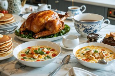 A cozy home kitchen table showcasing an array of comforting meals, including fluffy pancakes, creamy tomato soup, hearty roast chicken, and indulgent chocolate cake, evoking the essence of home-cooked comfort food.