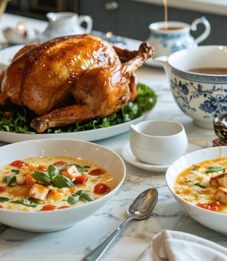 A cozy home kitchen table showcasing an array of comforting meals, including fluffy pancakes, creamy tomato soup, hearty roast chicken, and indulgent chocolate cake, evoking the essence of home-cooked comfort food.