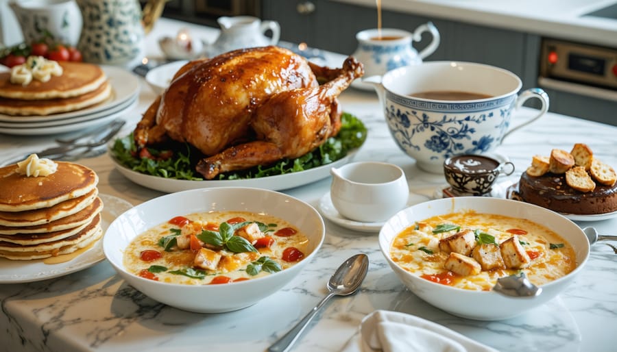 A cozy home kitchen table showcasing an array of comforting meals, including fluffy pancakes, creamy tomato soup, hearty roast chicken, and indulgent chocolate cake, evoking the essence of home-cooked comfort food.