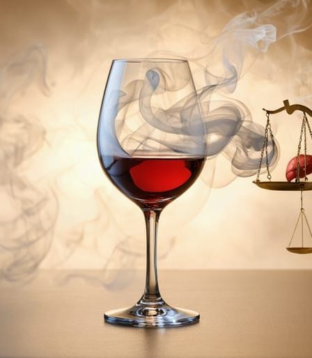 An artistic image showing a wine glass releasing a trail of icons representing the effects and considerations of alcohol, including a liver, brain, checklist, and scales for moderation.