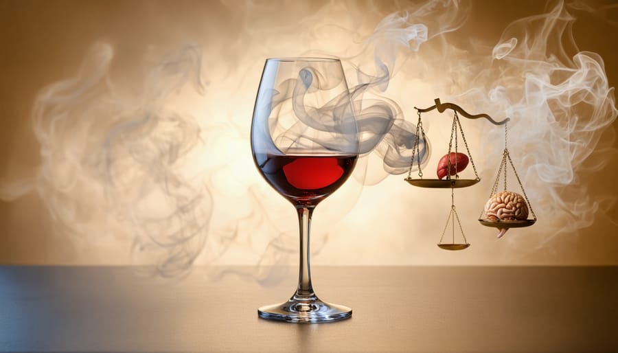 An artistic image showing a wine glass releasing a trail of icons representing the effects and considerations of alcohol, including a liver, brain, checklist, and scales for moderation.