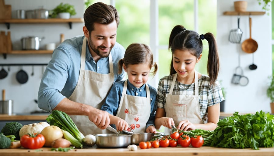 Family enjoying quality time cooking a sustainable meal with seasonal produce