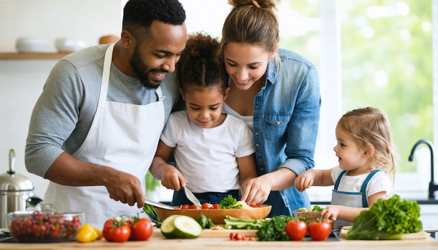 Parents and children cooking nutritious food together