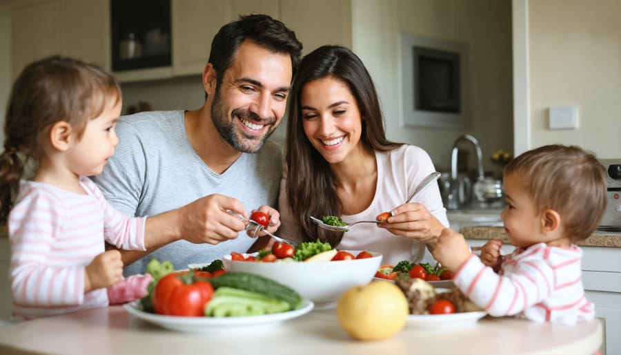 Smiling family of five bonding over a delicious, healthy dinner