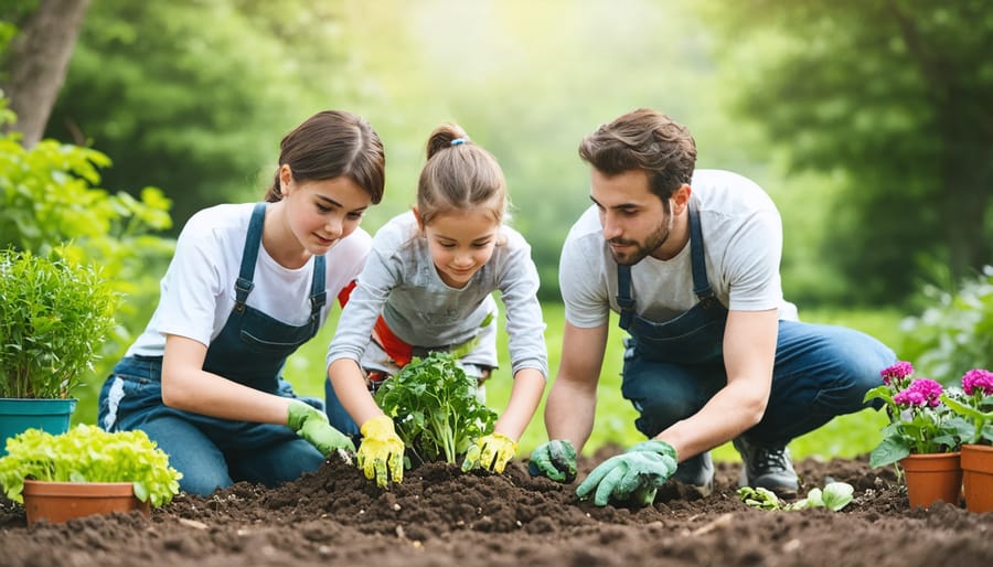 Family bonding while gardening and connecting with nature