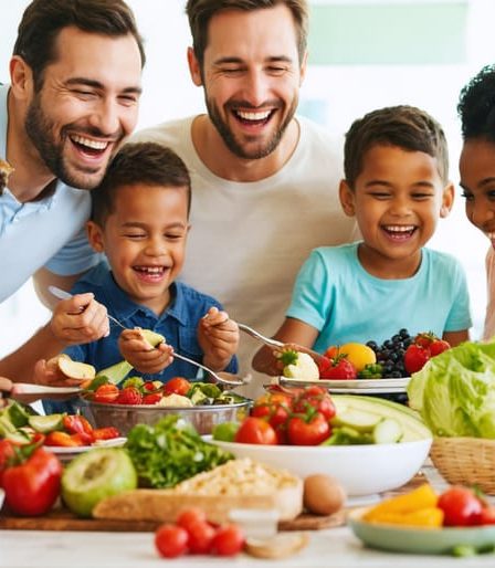 A joyful family of five sitting around a dinner table, enjoying an array of colorful, nutritious dishes, fostering an atmosphere of love and togetherness during mealtime.