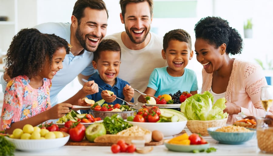 A joyful family of five sitting around a dinner table, enjoying an array of colorful, nutritious dishes, fostering an atmosphere of love and togetherness during mealtime.