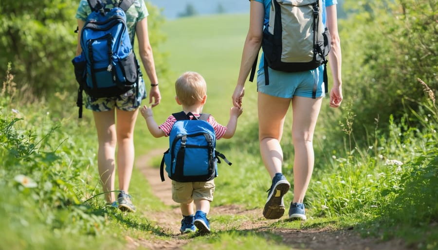 Parents and kids walking together on a wooded path