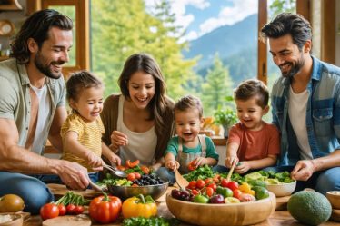 A family participating in various activities that promote holistic wellness, including cooking, exercising, and practicing mindfulness together.