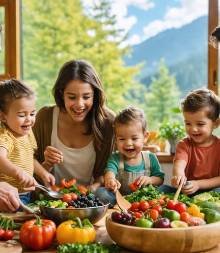 A family participating in various activities that promote holistic wellness, including cooking, exercising, and practicing mindfulness together.