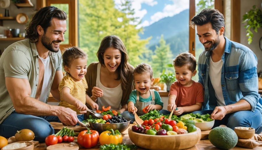 A family participating in various activities that promote holistic wellness, including cooking, exercising, and practicing mindfulness together.