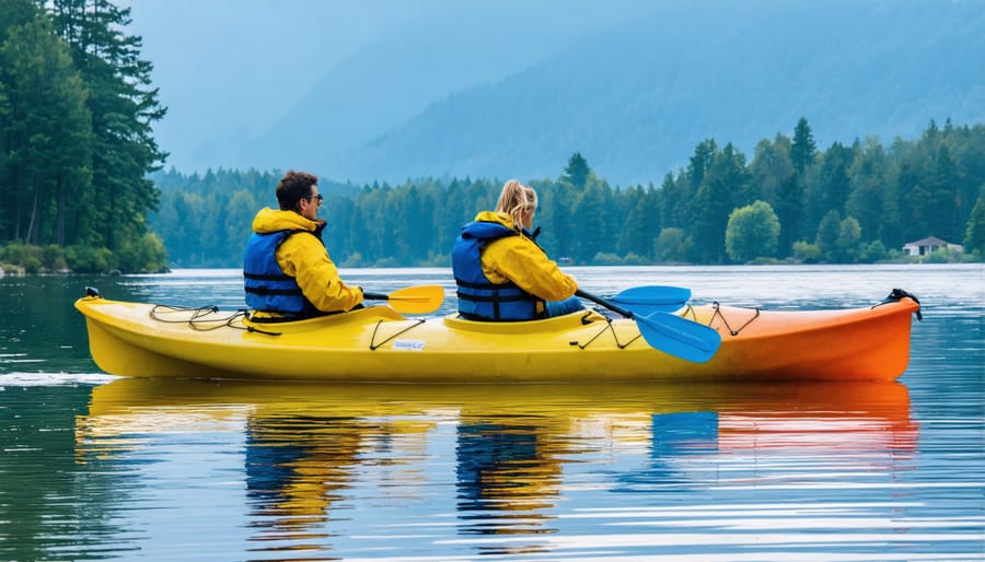 Parents and children paddling kayaks on tranquil water