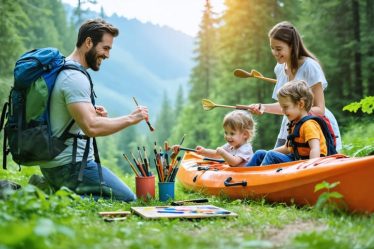 A family participating in diverse outdoor activities, including hiking, painting in a park, cycling through a forest, and kayaking on a lake, amidst lush natural scenery.