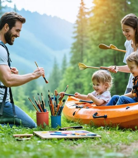 A family participating in diverse outdoor activities, including hiking, painting in a park, cycling through a forest, and kayaking on a lake, amidst lush natural scenery.