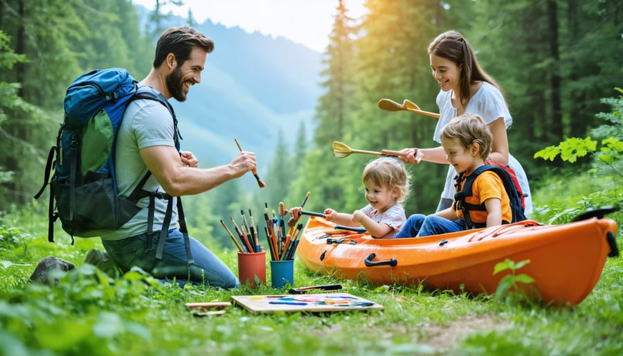 A family participating in diverse outdoor activities, including hiking, painting in a park, cycling through a forest, and kayaking on a lake, amidst lush natural scenery.