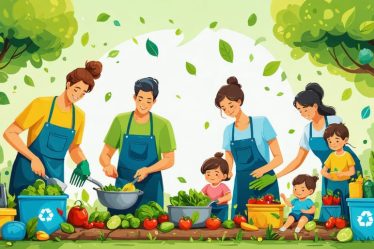 A family participating in eco-friendly practices like gardening, cooking with fresh produce, and recycling, highlighting sustainability.