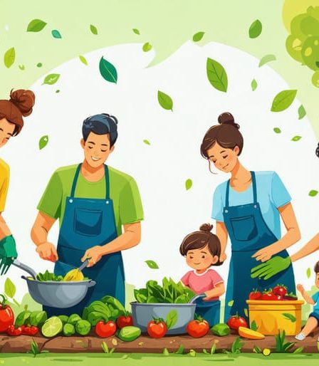 A family participating in eco-friendly practices like gardening, cooking with fresh produce, and recycling, highlighting sustainability.