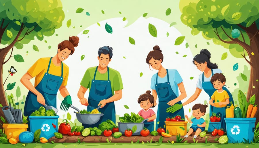 A family participating in eco-friendly practices like gardening, cooking with fresh produce, and recycling, highlighting sustainability.