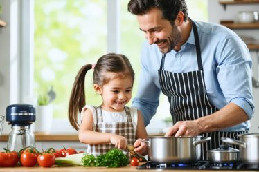 Father and daughter joyfully cooking together in a warm, inviting kitchen space, illustrating their strong bond through a shared culinary activity.