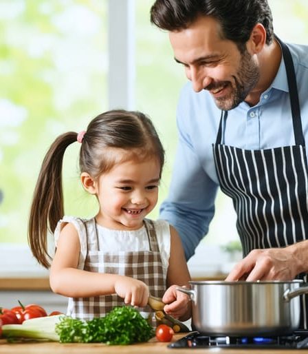 Father and daughter joyfully cooking together in a warm, inviting kitchen space, illustrating their strong bond through a shared culinary activity.