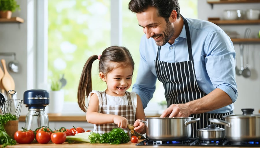 Father and daughter joyfully cooking together in a warm, inviting kitchen space, illustrating their strong bond through a shared culinary activity.