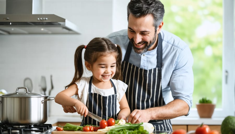 Happy father and daughter bonding while cooking in the kitchen