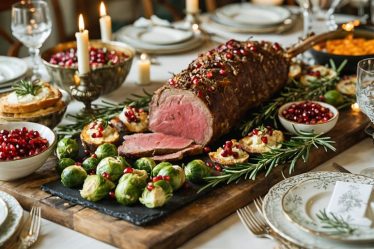 An inviting holiday dining table display showcasing unique twists on classic dishes, including herb-crusted lamb, pomegranate-studded ham, cranberry brie bites, sweet potato hummus, roasted Brussels sprouts, mushroom bread pudding, eggnog creme brulee, and gingerbread cheesecake.