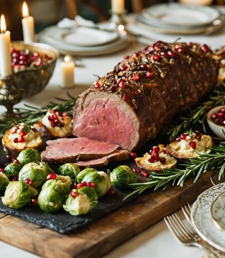 An inviting holiday dining table display showcasing unique twists on classic dishes, including herb-crusted lamb, pomegranate-studded ham, cranberry brie bites, sweet potato hummus, roasted Brussels sprouts, mushroom bread pudding, eggnog creme brulee, and gingerbread cheesecake.